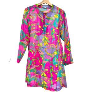 Vintage 90's Paisley Floral Caftan Tunic Coverup Pink Boho Hippie Beach Top VTG